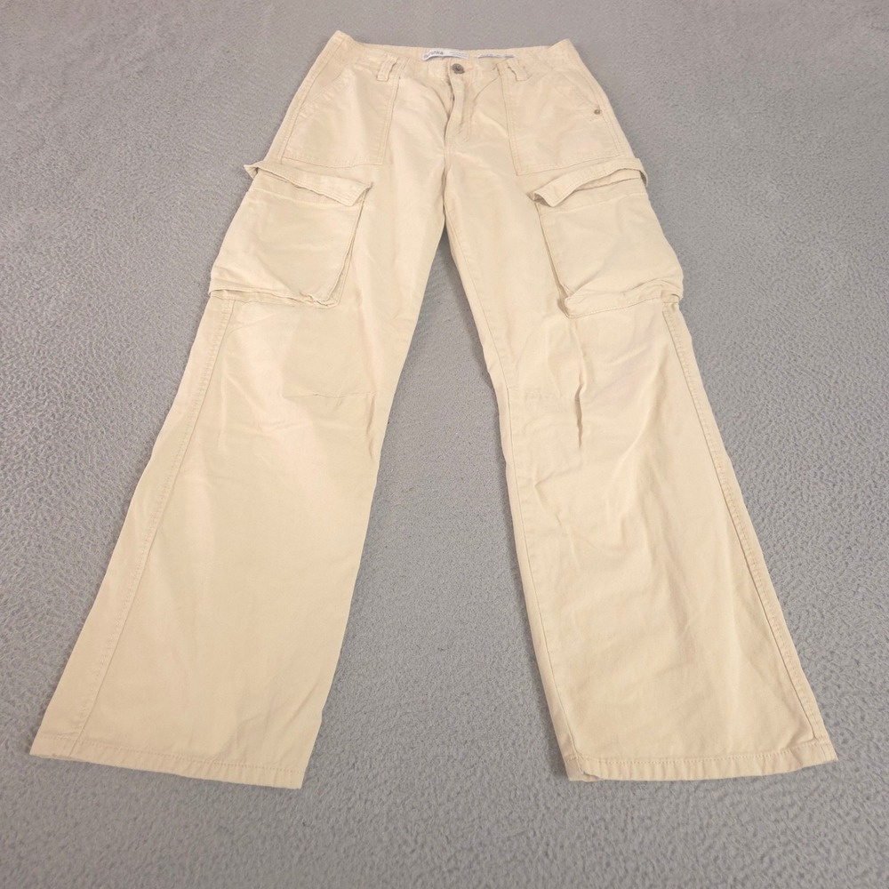 Bershka Pants Womens 6 Beige Straight Medium Rise Cargo Straight Cotton Twill